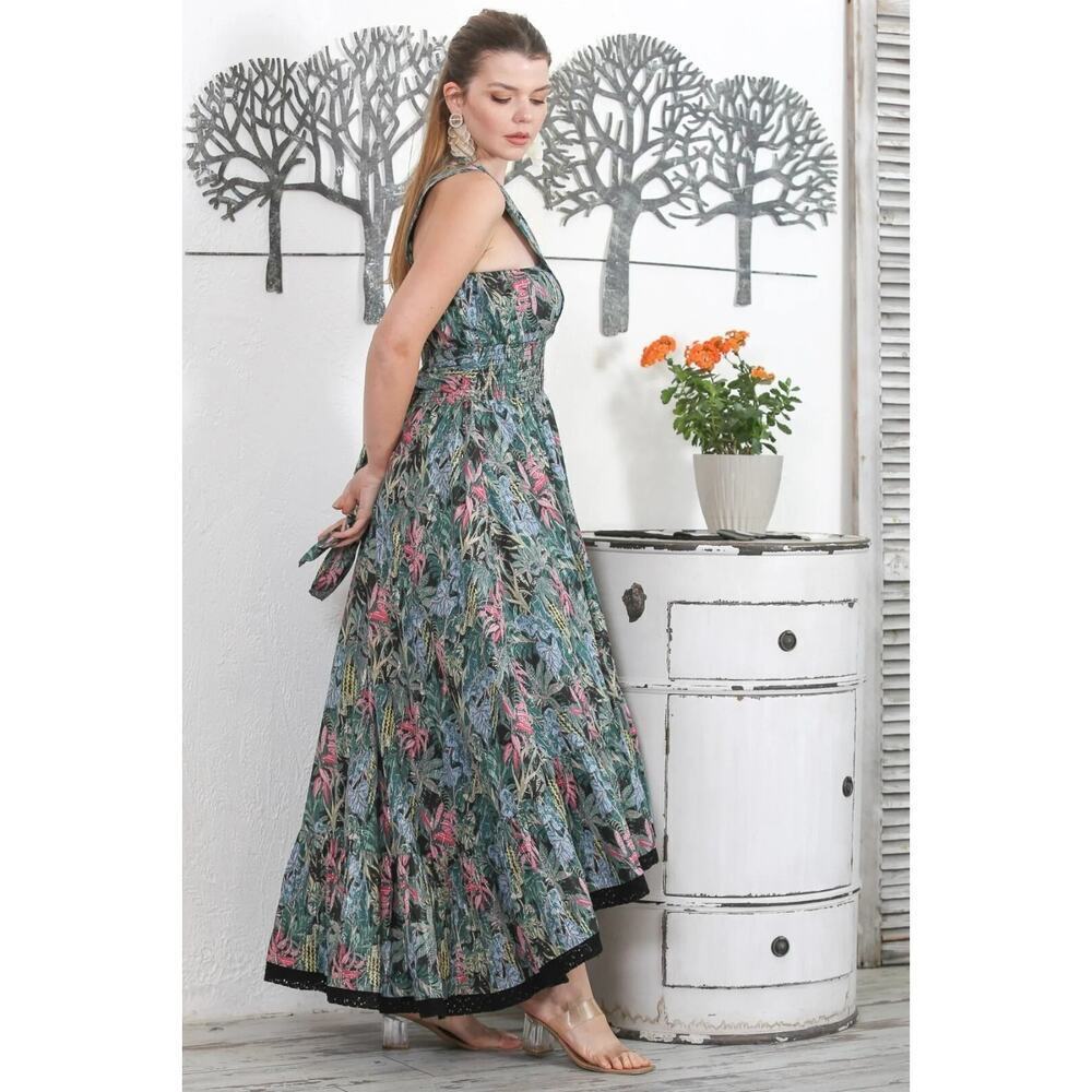 Tropical Print Maxi Dress With Crisscross Straps & Black Lace‎ Trim By Barok